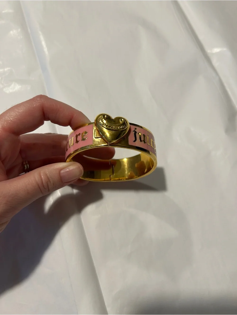 Juicy Couture Gold and Pink Heart Logo Cuff Bracelet